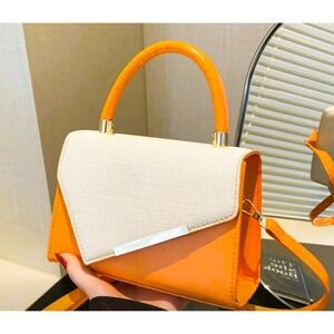 Orange and Cream‎ Canvas Two-Tone Top Handle Crossbody Bag Gold Hardware